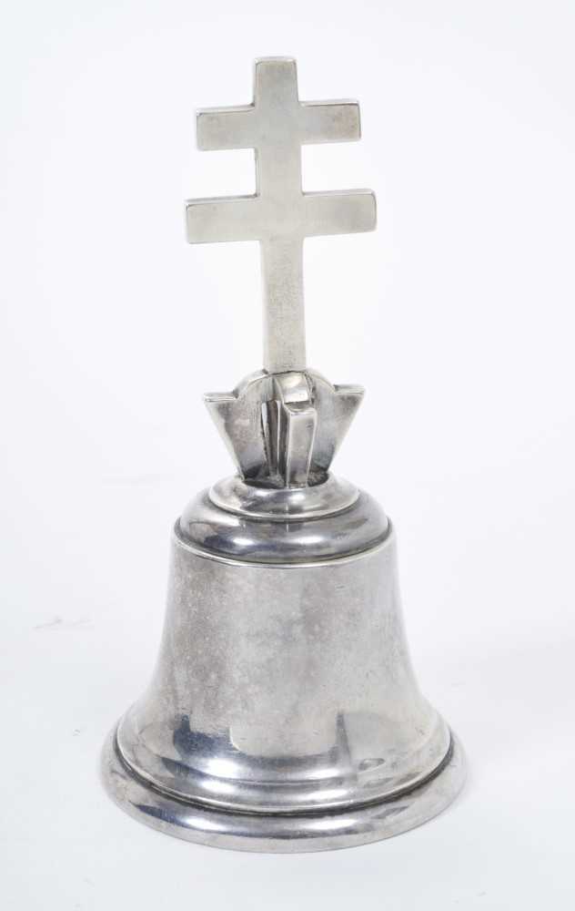 Lot 238 - Edwardian silver table bell of conventional form, the handle modelled as a Patriarchal cross, (London 1902), maker Holland, Aldwinckle & Slaterall, 13ozs, 14cm in overall height.