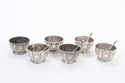 Lot 397 - Set of six Victorian silver salt cellars of circular form with beaded borders and decoration, on circular feet (London 1866)