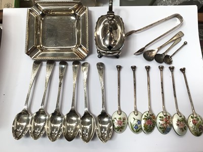 Lot 938 - Set six silver enamelled coffee spoons, another set of six silver teaspoons, silver ashtray, silver condiment, three silver salt spoons and pair silver sugar tongs