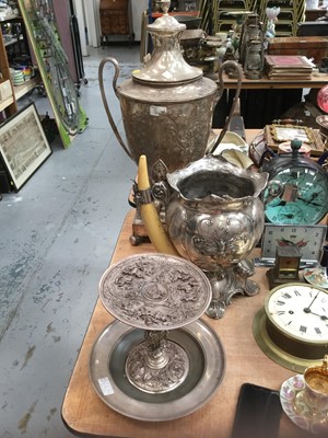 Lot 476 - Early 20th century silver plated two handled centrepiece together with an electrotype comport and a silver plated urn (3)