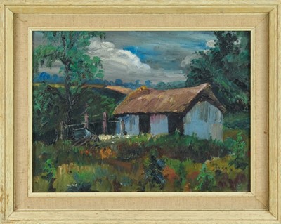 Lot 1053 - Douglas Doyle-Jones (1886-1980) oil on panel, A cattle shed at The Pound (Higham)