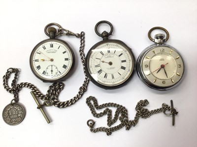 Lot 943 - Two silver cased pocket watches, silver watch chain with coin fob, one other chain and pocket watch