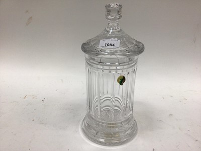 Lot 1084 - Large Waterford Crystal cut glass jar and cover, two Waterford timepieces and a Waterford church (4)