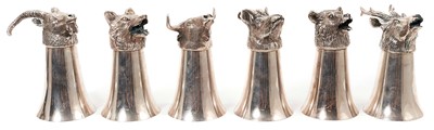 Lot 951 - Set of six good quality silver plated stirrup cups, each top formed as a beast, 14cm high