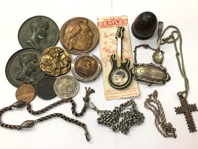 Lot 949 - Victorian white metal watch chain, other chains, white metal cross pendant, group of repro medallions and other items