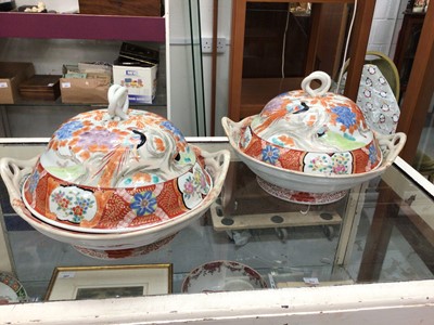 Lot 378 - Pair of 19th century Japanese Kutani porcelain tureens and covers, decorated with birds and flowers, seal marks to bases