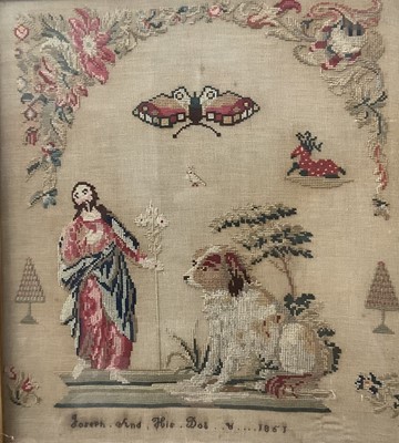 Lot 293 - 19th century sampler, titled Joseph and his dog, 1851, glazed frame, total size 71 x 64cm