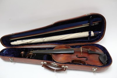 Lot 2224 - Antique violin, cased with two bows
