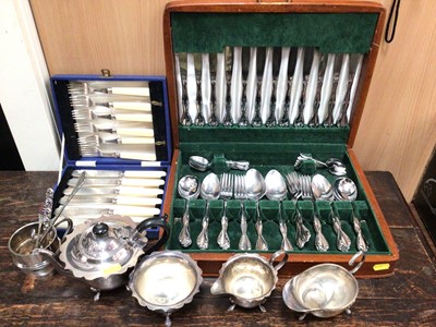 Lot 374 - Canteen of cutlery, silver plated three piece tea set and other plated ware