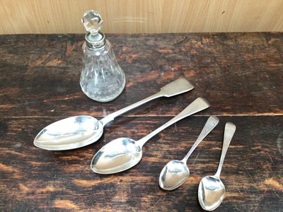 Lot 967 - Georgian silver tablespoon, pair Georgian silver teaspoons, Victorian silver serving spoon and silver mounted etched glass bottle