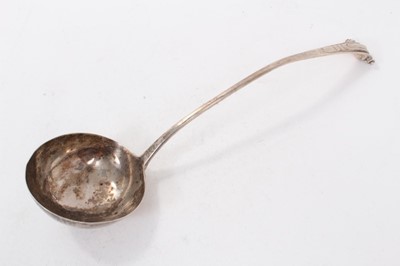 Lot 377 - George III silver onslow pattern serving ladle (London 1777), makers mark rubbed, all at 5ozs, 12.5cm in overall length.