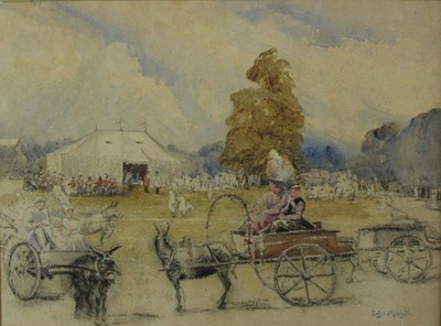 Lot 1057 - Evelyn Jane Rimington (1869-1958) pencil, chalk and watercolour - 'Costers Day in Kensington', signed, artists label verso, 34cm x 46cm, in glazed frame