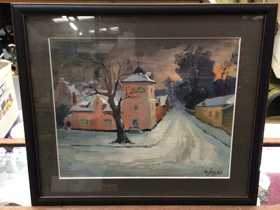 Lot 380 - Oil on board- winter street scene, signed G. Jessen, in glazed frame