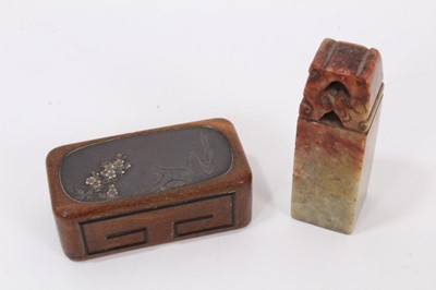 Lot 713 - 19th century Japanese bronze and wooden scroll weight, signed, together with a Chinese green stone seal