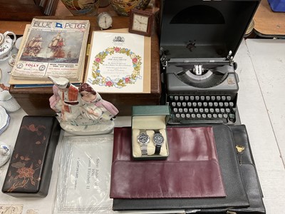 Lot 534 - Vintage Imperial typewriter, oak canteen, lacquer box, leather and other document wallets and assorted ephemera