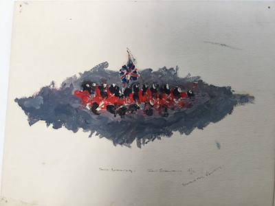 Lot 124 - Pair of 1970s English School oil sketches on paper - Scots Guards and The French Imperial Guards, indistinctly signed, titled and dated 1972, unframed, 17.5cm x 22.5cm