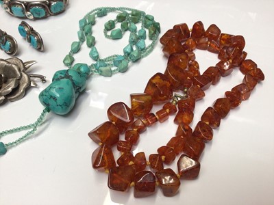 Lot 2 - Group of silver mounted turquoise jewellery, agate bracelet, silver fancy link bracelet, silver flower brooch, amber necklace and four mother of pearl gaming counters