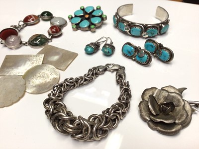 Lot 2 - Group of silver mounted turquoise jewellery, agate bracelet, silver fancy link bracelet, silver flower brooch, amber necklace and four mother of pearl gaming counters