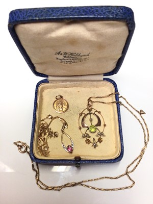 Lot 59 - Edwardian 9ct rose gold peridot and seed pearl pendant on chain, one other 9ct gold gem set pendant on chain and 9ct gold St. Christopher pendant