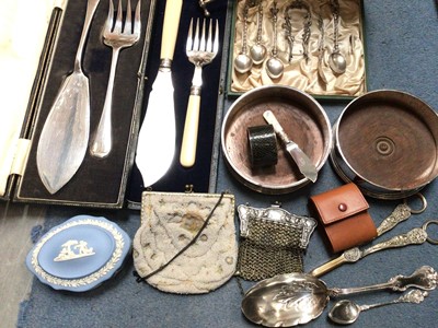 Lot 979 - Serving spoon stamped 'Sterling', silver teaspoon, other plated flatware, pair plated wine coasters, two vintage purses and other items