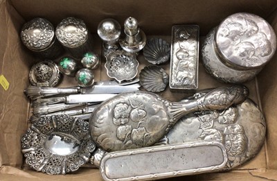 Lot 985 - Group of silver items to include dressing table set, silver topped glass jars, bon bon dish, pair salts, pepperettes and silver handled knives