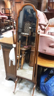 Lot 1308 - Walnut framed cheval mirror, mahogany two tier occasional table and a headboard with pink upholstery (3)