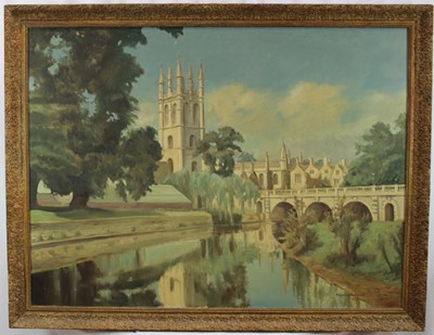 Lot 1231 - P. Granville Rose, 1950s oil on canvas - Magdalen College and Bridge, Oxford, signed and dated 1952, 90cm x 121cm, in gilt frame