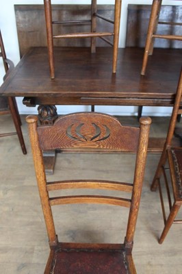 Lot 1328 - Small oak refectory table retailed by Libertys and set of six arts and create dining chairs
