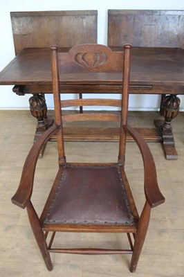 Lot 1328 - Small oak refectory table retailed by Libertys and set of six arts and create dining chairs