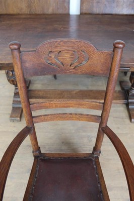 Lot 1328 - Small oak refectory table retailed by Libertys and set of six arts and create dining chairs