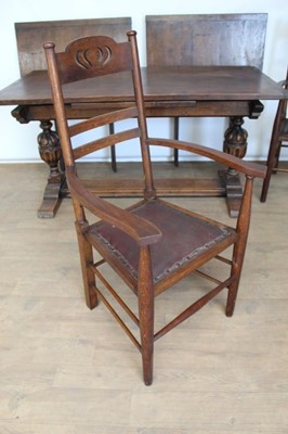 Lot 1328 - Small oak refectory table retailed by Libertys and set of six arts and create dining chairs