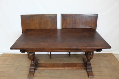 Lot 1328 - Small oak refectory table retailed by Libertys and set of six arts and create dining chairs