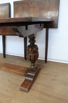 Lot 1328 - Small oak refectory table retailed by Libertys and set of six arts and create dining chairs