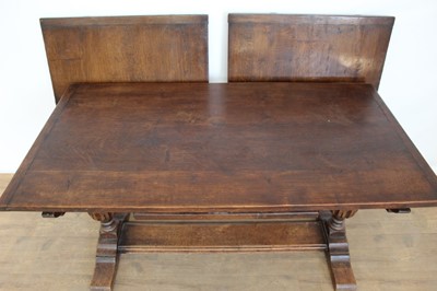 Lot 1328 - Small oak refectory table retailed by Libertys and set of six arts and create dining chairs