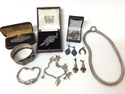 Lot 31 - Victorian silver cuff bangle, silver necklace, silver and marcasite jewellery etc