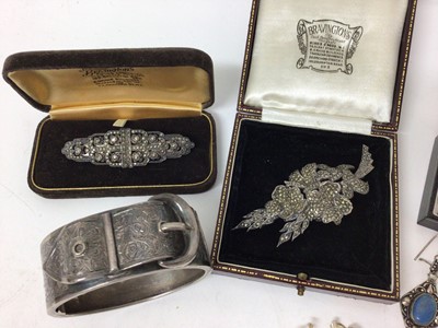 Lot 31 - Victorian silver cuff bangle, silver necklace, silver and marcasite jewellery etc