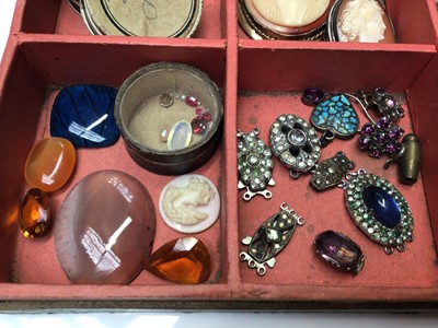 Lot 32 - Group of unmounted semi precious gem stones, Georgian clasp and other paste set clasps, two silver mounted cameo brooches, pair cultured pearl earrings and other bijouterie