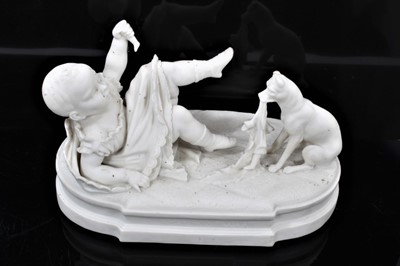 Lot 226 - 19th century Parian figure of child holding leg of doll while dog destroys remainder of doll titled 'The Spoils of War'