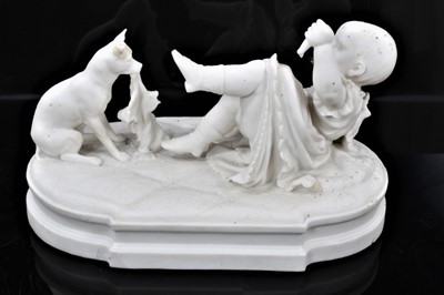 Lot 226 - 19th century Parian figure of child holding leg of doll while dog destroys remainder of doll titled 'The Spoils of War'