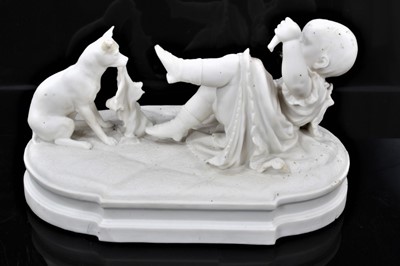 Lot 226 - 19th century Parian figure of child holding leg of doll while dog destroys remainder of doll titled 'The Spoils of War'