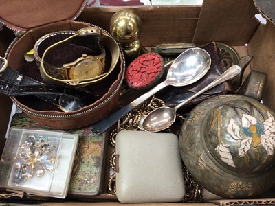 Lot 989 - Two silver spoons, white metal red lacquered trinket box, wristwatches, compass and sundries