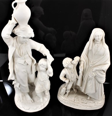 Lot 225 - Parian group of young man supporting large ewer upon his head holding the hand of dancing child