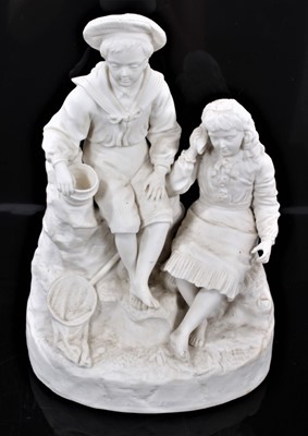 Lot 224 - Large Parian group of boy and girl sitting on rocks, boy with net and bucket while she listens to a shell