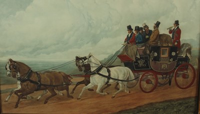 Lot 969 - 19th century hand coloured engraving - The Royal Mail Coach, 44cm x 71cm, in glazed maple veneered frame