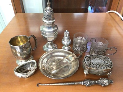 Lot 994 - Group silver to include sugar castor, mug, two silver mounted glass cups, trinket box, dish and other items