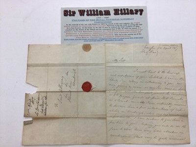 Lot 1456 - Sir William Hillary 1771 - 1847 Founder of the Royal National Lifeboat Institution signed letter