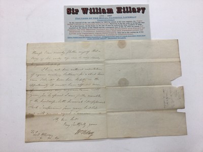 Lot 1456 - Sir William Hillary 1771 - 1847 Founder of the Royal National Lifeboat Institution signed letter