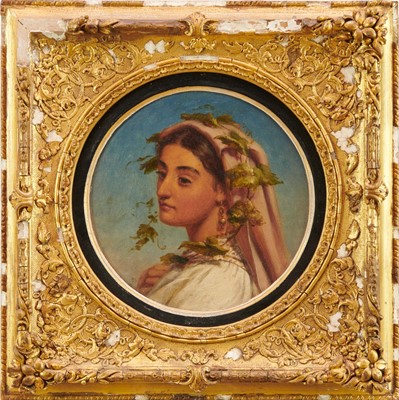 Lot 1120 - Joshua Hargrave Sams Mann (1826 - 1886) oil on artist board - circular portrait of an Italian peasant girl, signed, diameter 22cm in gilt frame