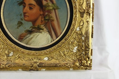 Lot 1120 - Joshua Hargrave Sams Mann (1826 - 1886) oil on artist board - circular portrait of an Italian peasant girl, signed, diameter 22cm in gilt frame