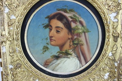 Lot 1120 - Joshua Hargrave Sams Mann (1826 - 1886) oil on artist board - circular portrait of an Italian peasant girl, signed, diameter 22cm in gilt frame
